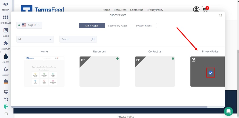 TermsFeed Subbly: The Elements - Pages option - Privacy Policy selected highlighted