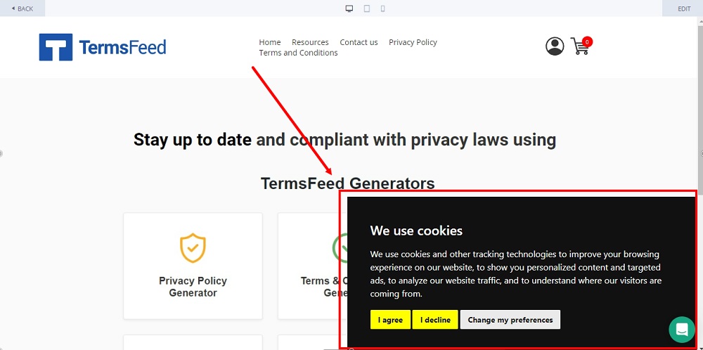 TermsFeed Subbly: The preview with Cookie Consent Banner displayed