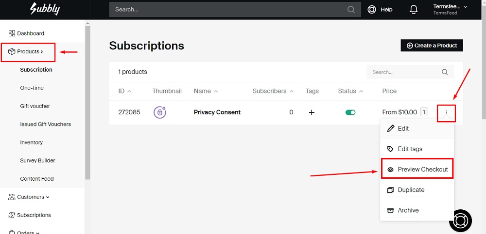 TermsFeed Subbly: Products - Subscription option - Preview Checkout highlighted