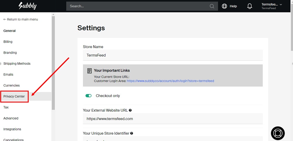 TermsFeed Subbly: Settings Privacy Centar option highlighted