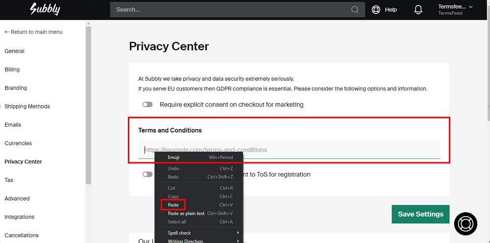 TermsFeed Subbly: Settings Privacy Centar option - Terms and Conditions URL paste highlighted
