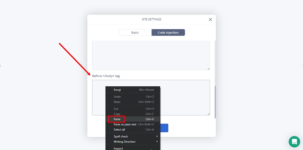 TermsFeed Subbly: The Site Settings - Code Injection - Paste the code before the end of the body tag field highlighted