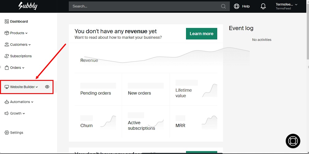TermsFeed Subbly: Dashboard with Website Builder highlighted