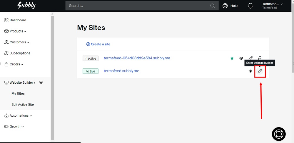 TermsFeed Subbly: Dashboard with Website Builder - My Sites list with Edit option highlighted