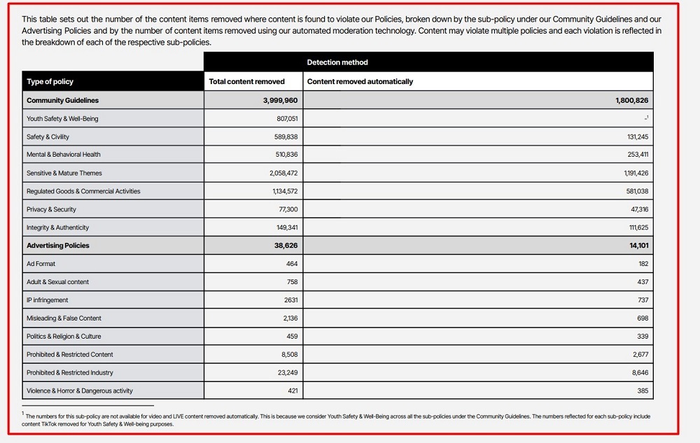 TikTok EU DSA Transparency Report excerpt