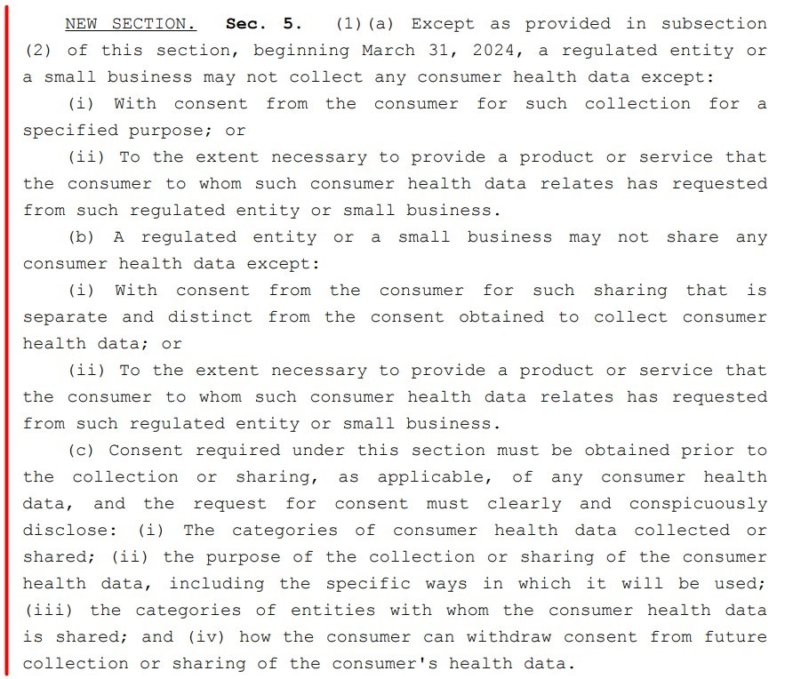 Washington My Health My Data Act: Section 5 - Consent requirements