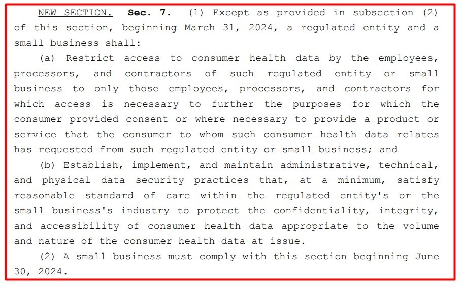 Washington My Health My Data Act: Section 7 - Security