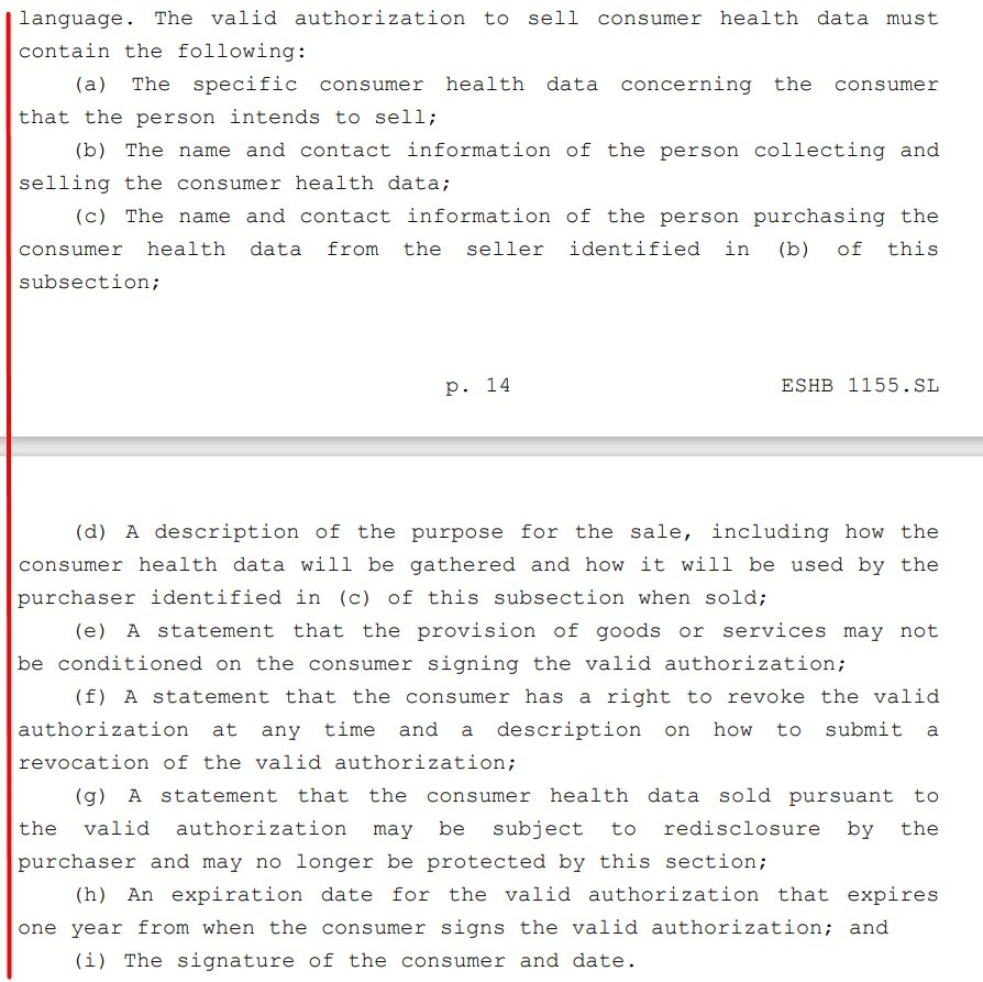 Washington My Health My Data Act: Section 9 - Authorization to sell data