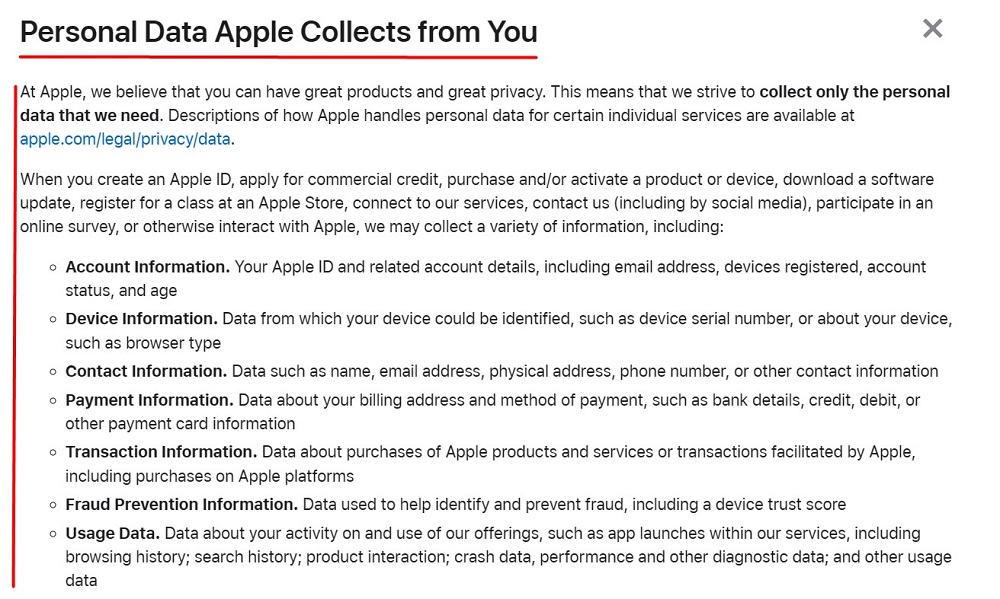 Apple Privacy Policy: Personal data Apple collects from you clause