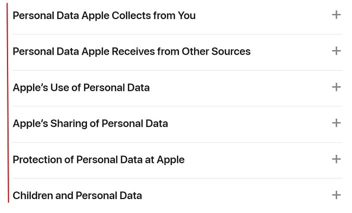 Apple Privacy Policy Table of Contents menu