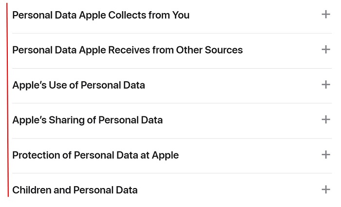 Apple Privacy Policy Table of Contents menu