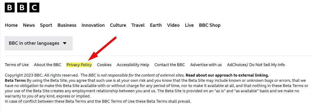 BBC website screenshot with Privacy Policy link highlighted