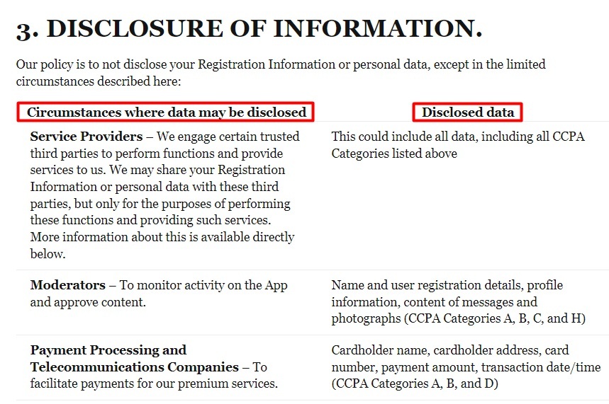 Bumble Privacy Policy: Disclosure of Information clause