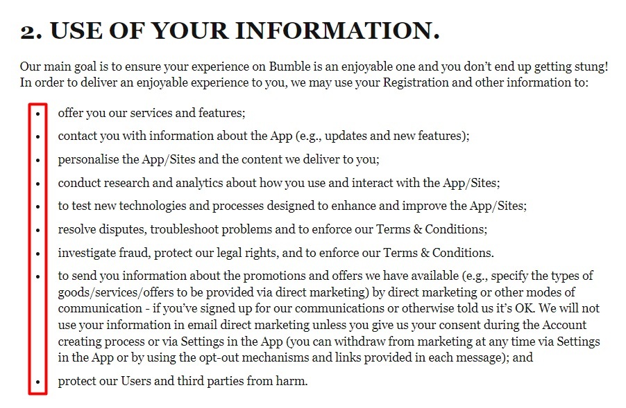 Bumble Privacy Policy: Use of Your Information clause