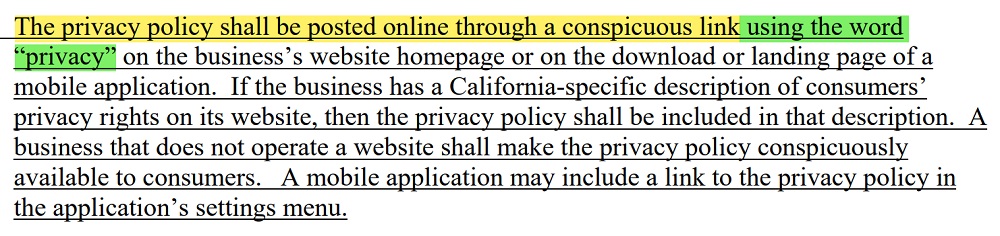 California Attorney General: CCPA - Privacy Policy posted with conspicuous link section