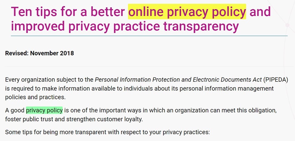 Canadian Office of the Privacy Commissioner: Ten tips for a better privacy policy guidelines excerpt