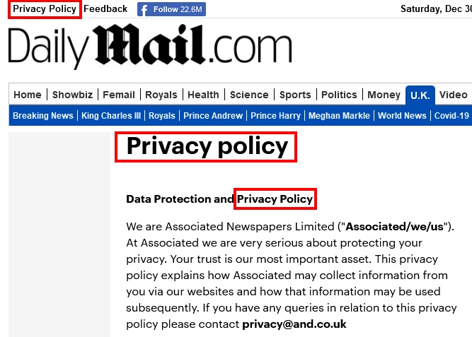 Daily Mail Privacy Policy: Intro section