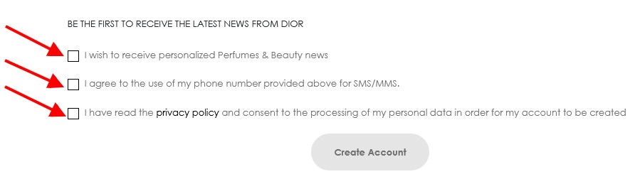 Dior create account form with consent checkboxes highlighted