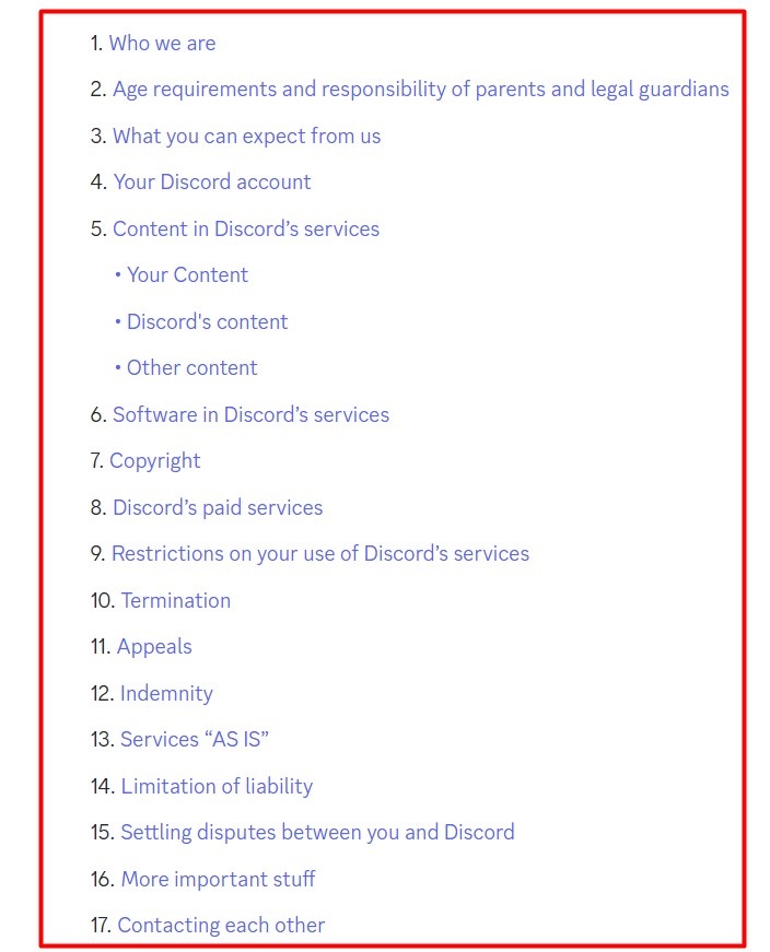 Discord Terms of Service: Table of contents