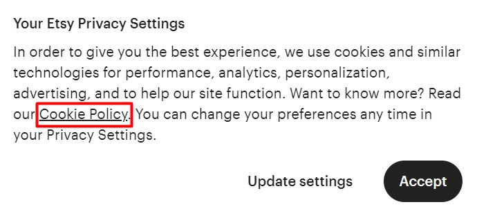 Etsy Cookie Consent Notice with Cookie Policy link highlighted