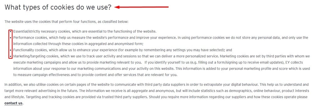 EY Cookie Policy: What types of cookies do we use clause - Updated