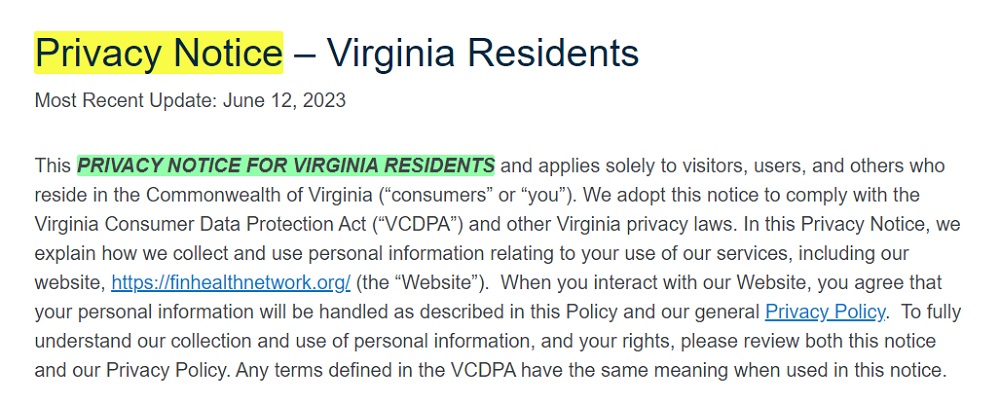 Financial Health Network Privacy Notice for Virginia Residents: Intro section