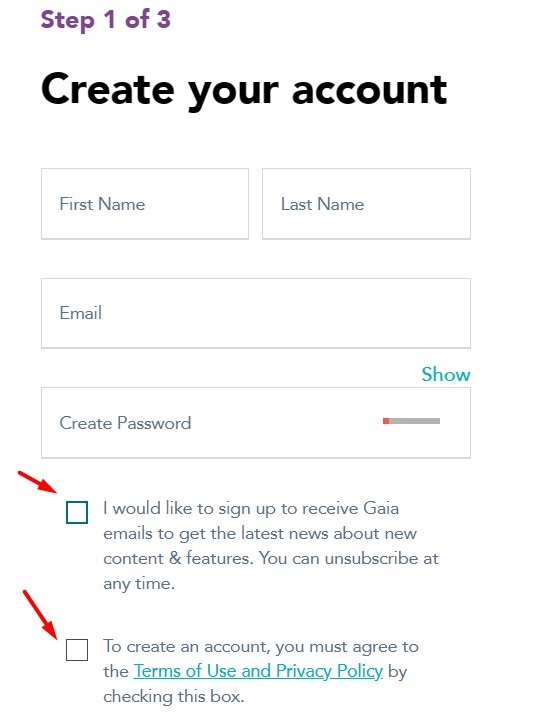 Gaia create account form with consent checkboxes highlighted
