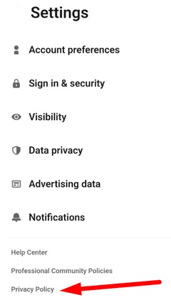 Generic app Settings menu with Privacy Policy link highlighted