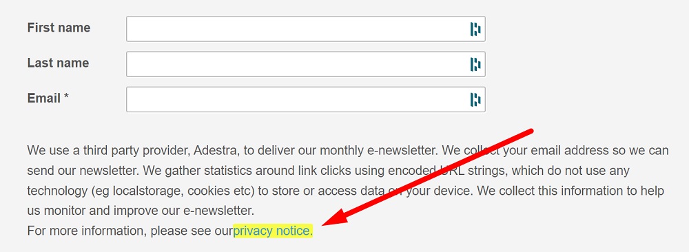 Generic email newsletter sign-up form with Privacy Notice link highlighted