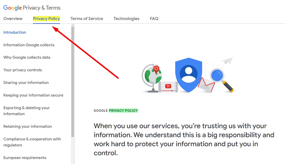 Google Privacy and Terms main page screenshot