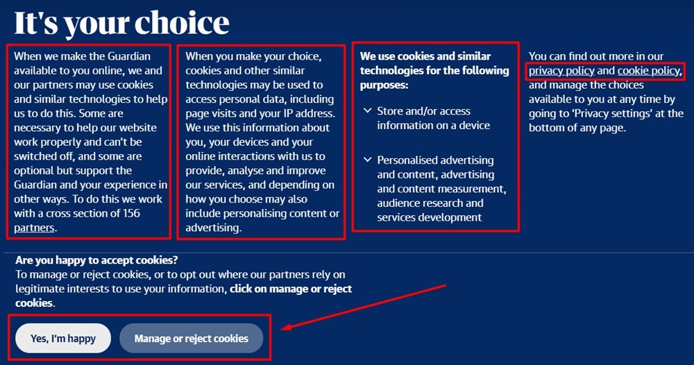 The Guardian Cookie Consent Banner with sections highlighted