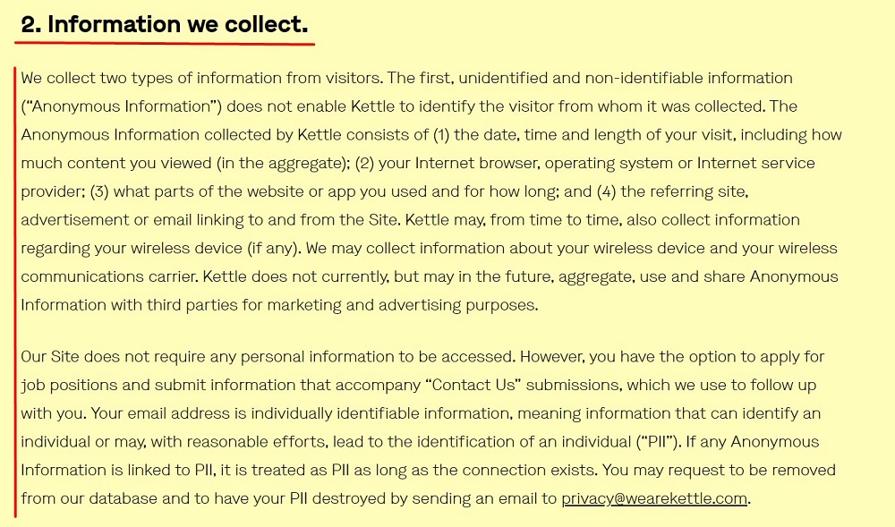 Kettle Privacy Policy: Information we collect clause