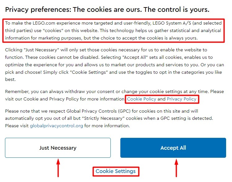 LEGO Cookie Consent Notice