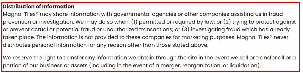 Magna Tiles Privacy Policy: Distribution of Information clause