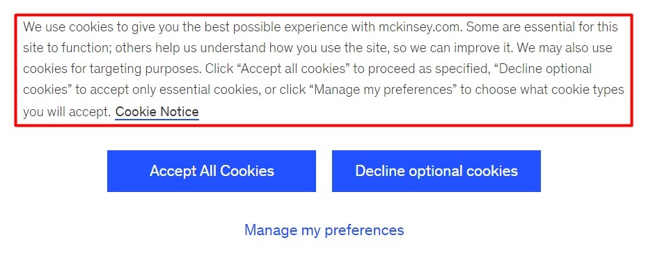McKinsey and Company Cookie Consent Banner