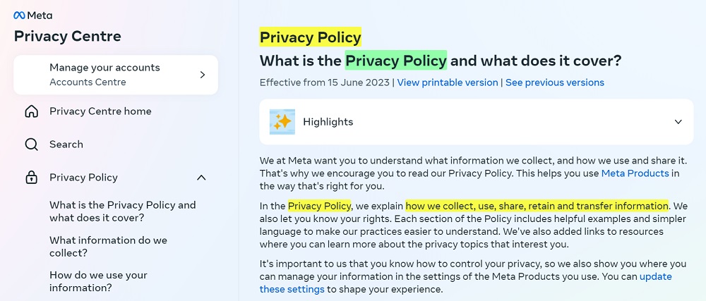 Meta Privacy Centre Privacy Policy main page