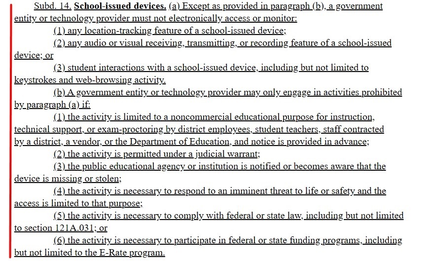 Minnesota Student Data Privacy Act MSDPA - School issued devices excerpt