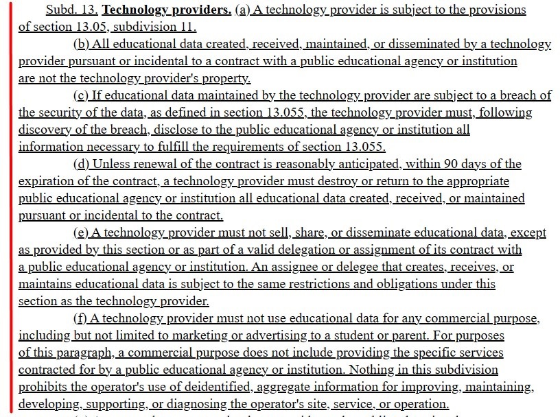 Minnesota Student Data Privacy Act MSDPA - Technology Provider requirements excerpt
