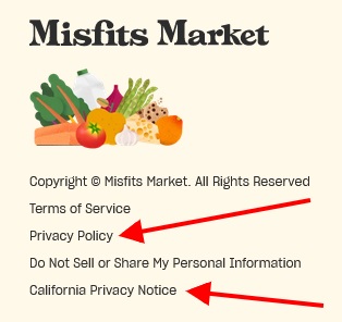 Misfits Market website footer with Privacy Policy and Notice links highlighted