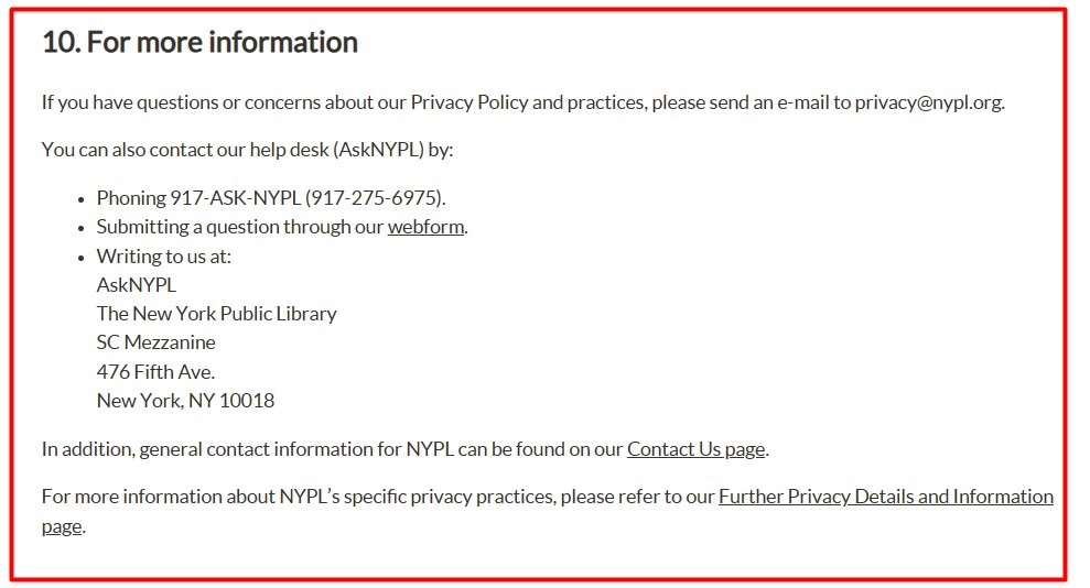 New York Public Library Privacy Policy: Contact information clause