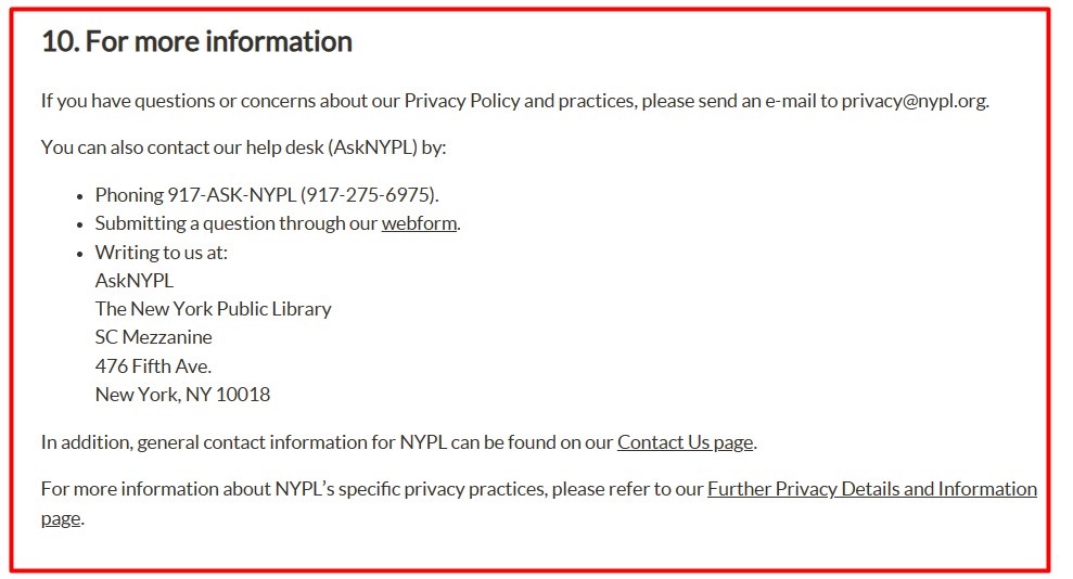 New York Public Library Privacy Policy: Contact information clause