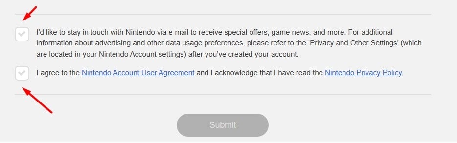 Nintendo Create Account form with Agree checkboxes highlighted