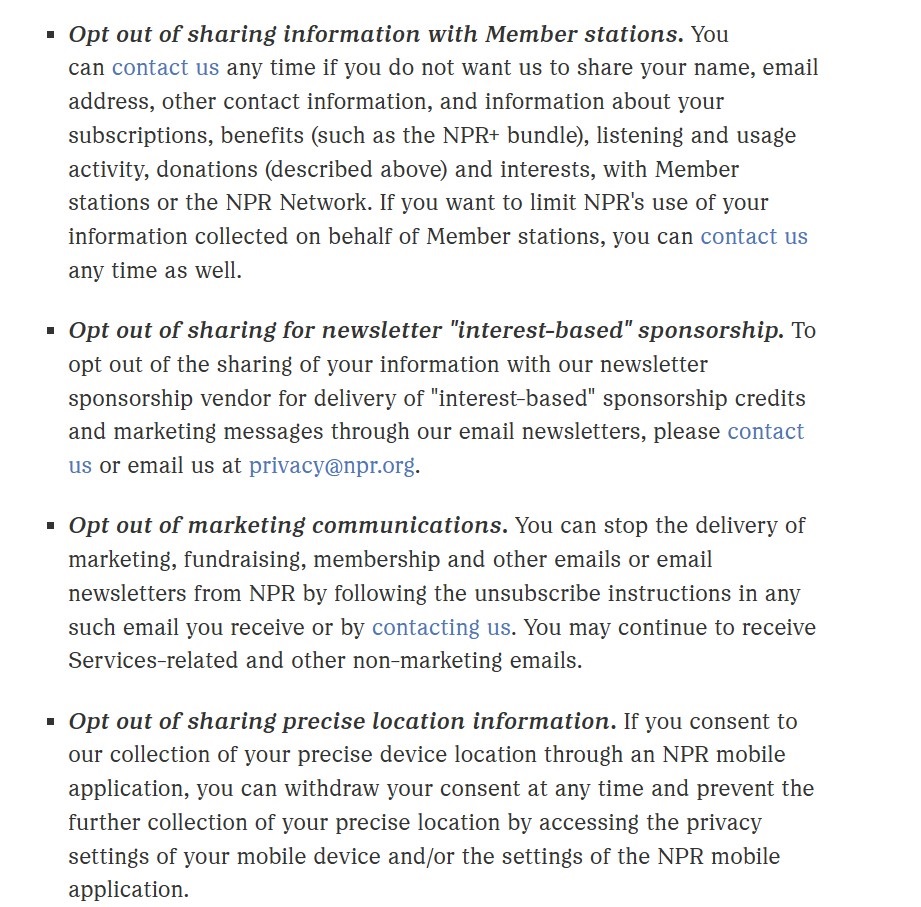 NPR Privacy Policy: Opt out clause excerpt