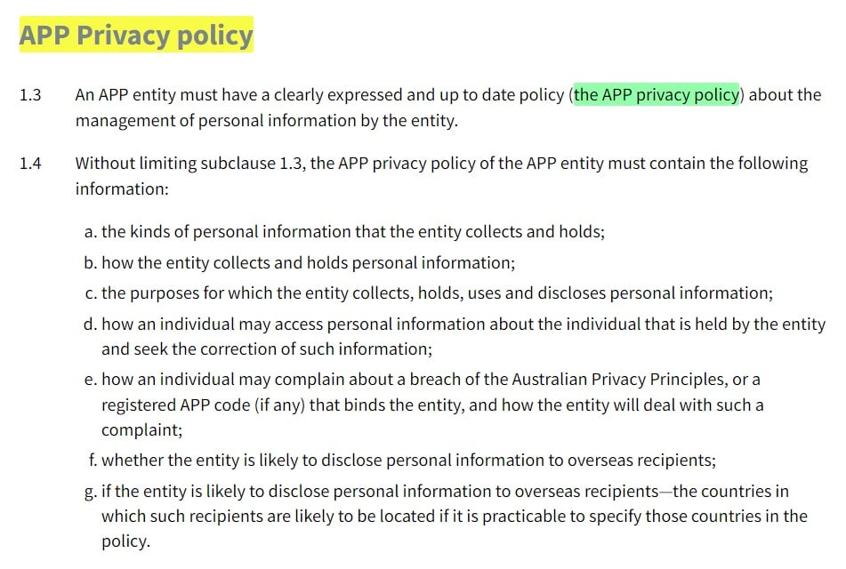 OAIC Australian Privacy Principles: APP Privacy Policy section