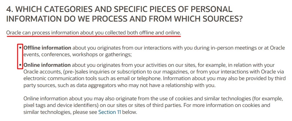 Oracle Privacy Policy: Which categories and specific pieces of personal information do we process and from which sources clause