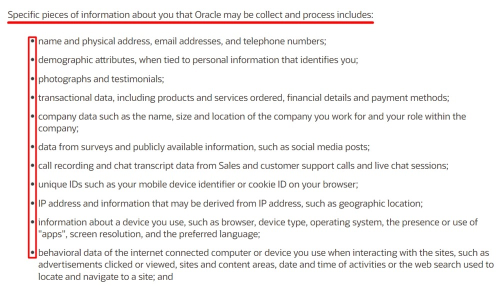 Oracle Privacy Policy: Specific piece of information Oracle collects and processes clause