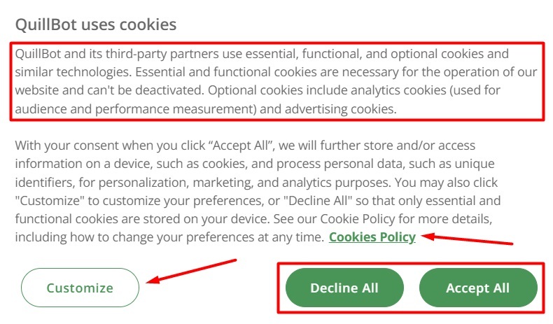 Quillbot Cookie Consent Notice