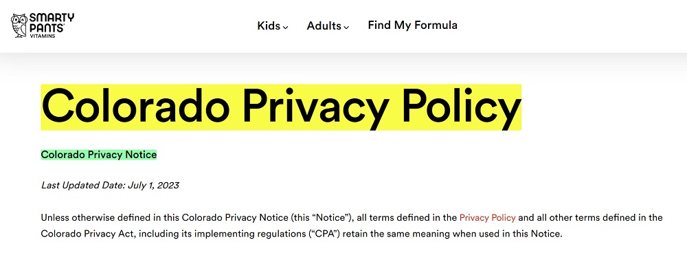 Smarty Pants Vitamins: Colorado Privacy Policy intro section