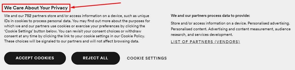 Spotify Cookie Consent Banner with heading section highlighted