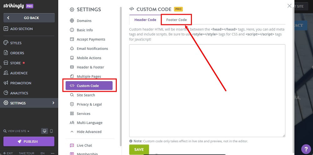 TermsFeed Strikingly: Edit Sites - Settings - Advanced - Custom Code - Footer Code tab
